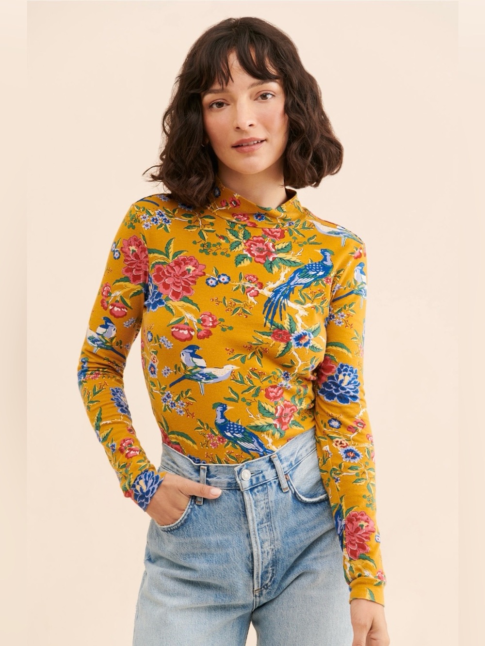 Maeve by Anthropologie Floral Bird Print Mock Neck Top
